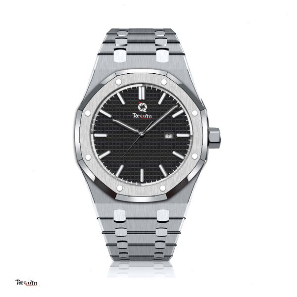 

mens automatic mechanical watch luxury 15400st.oo.1220st.01requin brand silver stainless steel case royal black date dial oak, Slivery;brown