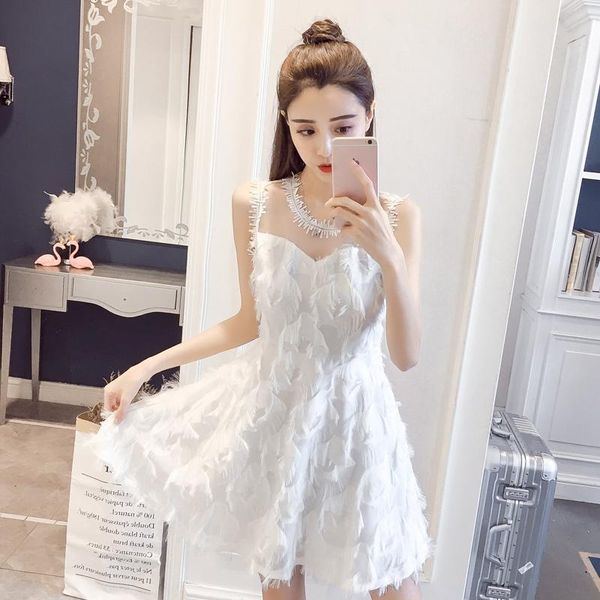 

casual dresses fashion ladies feather tassel embroidered lace vest dress temperament girl party beach, Black;gray