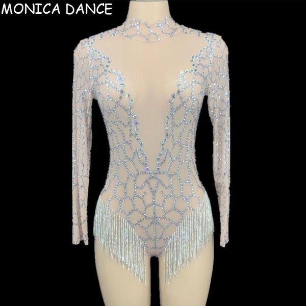 

women's jumpsuits & rompers women stage silver rhinestones fringes backless transparent mesh bodysuit dancer wear birthday celebrate, Black;white