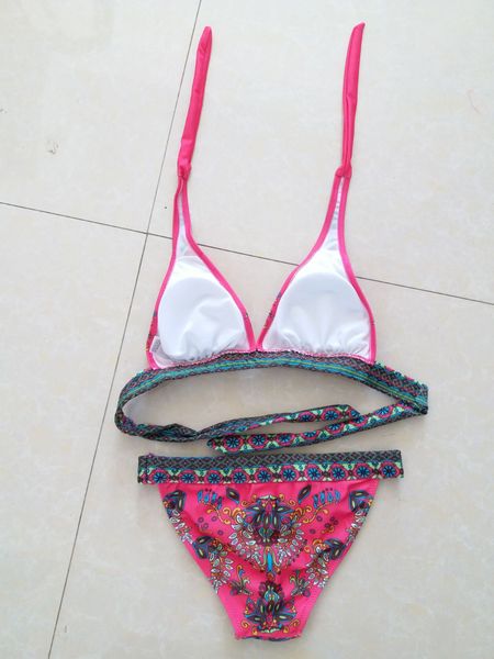 

split ethnic print bikini high waisted swimsuit, White;black