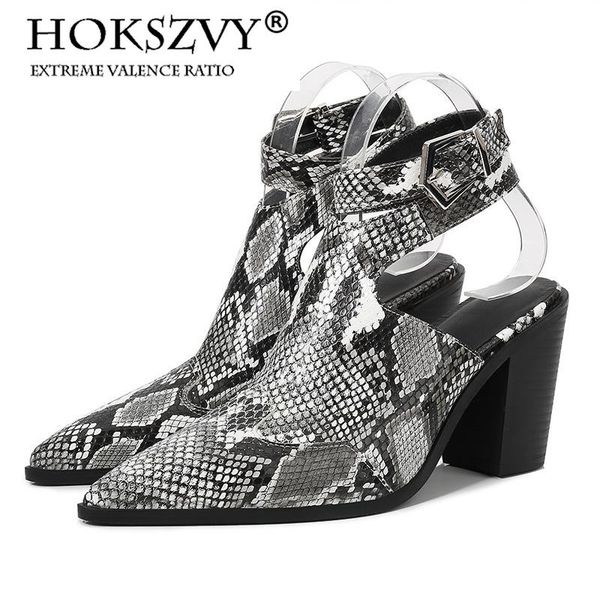 

summer pointed snakeskin pattern women's shoes large size thick heel with a word buckle roman sandals cgb, Black