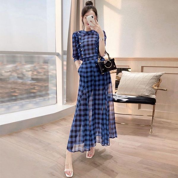 

chiffon 2-piece summer 2021 women's wear age reducing temperament plaid pants, western fashion wide leg pants suit two piece, White