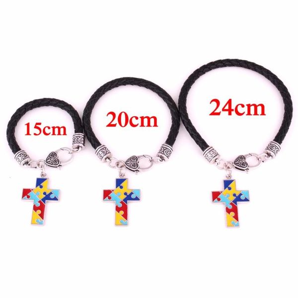 

charm bracelets autism hope jewelry 15cm20cm24cm(pick your size) leather chain awareness cross puzzle piece lobster claw, Golden;silver