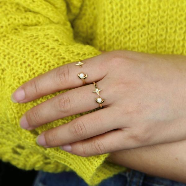 

sterling silver cute moon star open adjust ring micro pave white opal stone fashion gold color dainty jewelry cluster rings, Golden;silver