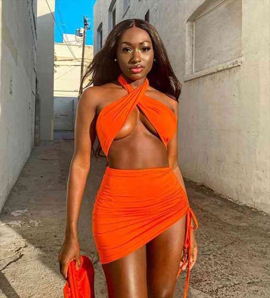 

2 piece set women matching sets summer vacation club outfits mini skirts criss cross halter crop top, Gray