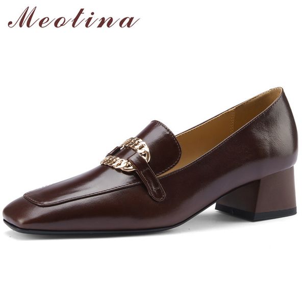 

square toe med heels women shoes chunky heel pumps metal decoration dress fashion ladies footwear spring brown 40 210517, Black
