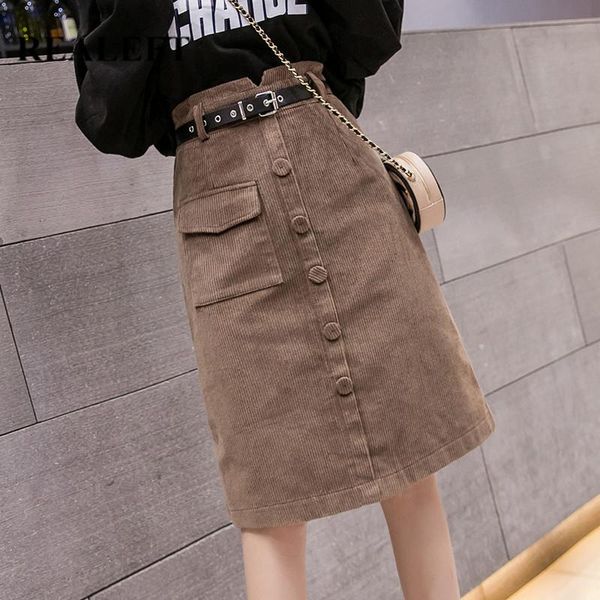 

skirts realeft autumn winter corduroy a-line midi single breasted high waist vintage wrap skirt with belt 2021, Black