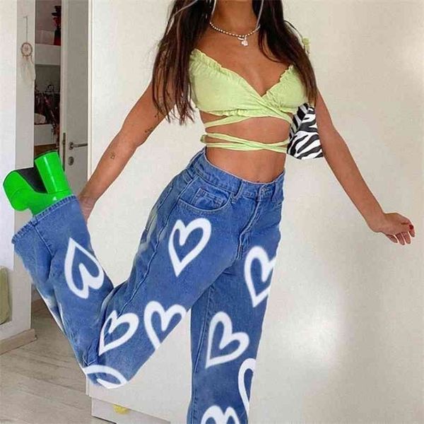 

casual printed heart straight slim jeans vintage high waist trouser fashion denim pants vaqueros mujer streetwear 210809, Blue