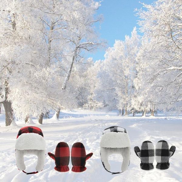 

hair accessories 2021 winter warm baby grids pattern ear flap hat gloves set cotton lei feng beanie, Slivery;white