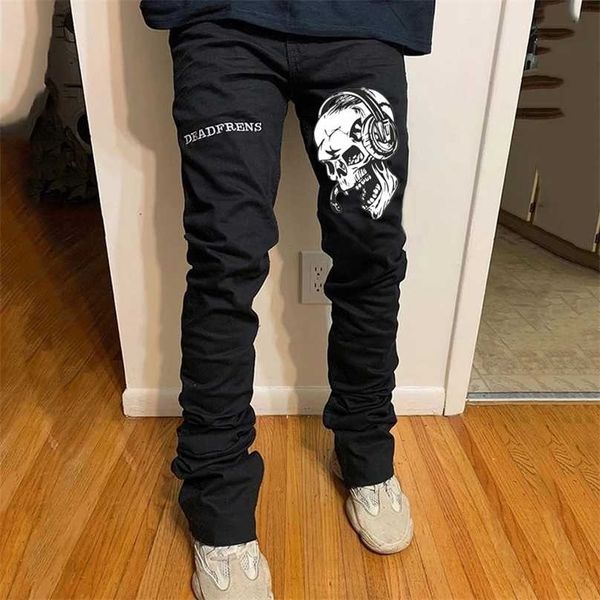 Jeans da uomo slim neri con stampa teschio design casual elastico con piedi piccoli pantaloni a matita pantaloni da motociclista in denim da strada di alta qualità 211111