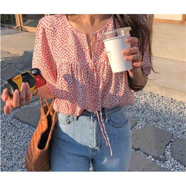 

plus size red girls short sleeve summer shirt floral bow collar shirts womens blouses print blouse women femme 210417, White
