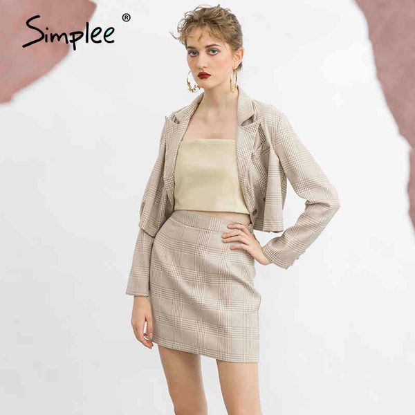

two-piece casual plaid women dress elegant long sleeve button skirt a-line notched office lady autumnn suits 210414, White