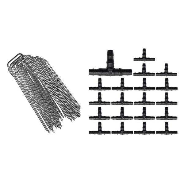 

watering equipments 100pcs u shape gauge galvanized steel garden stakes staple securing pegs & 150 pcs 1/4inch universal barb tee fittings