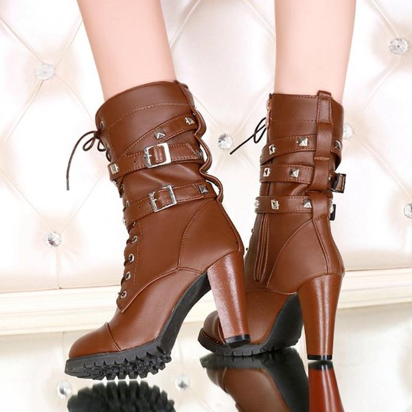 

boots ribetrini big size 47 high heels for dropship buckles belt rivets chic winter women cool motorcycles boot, Black