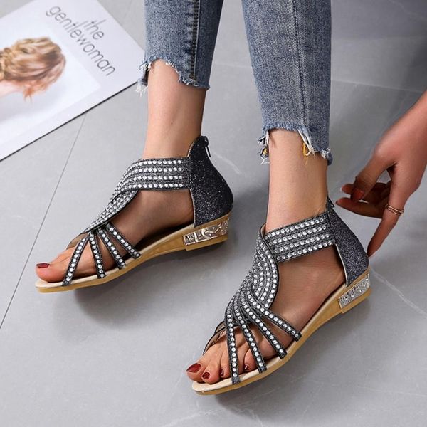 

sandals lapolaka wedges cover heel open zip solid crystal bling summer comfortable woman beach shoes big size 36-43, Black