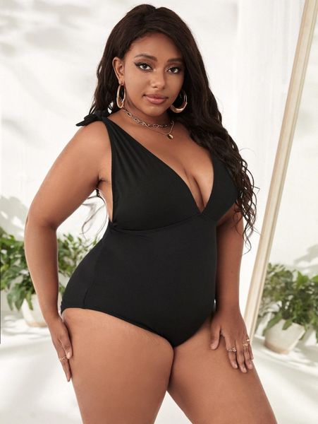 

plus tie shoulder plunging one piece swimsuit t1s4#, Black