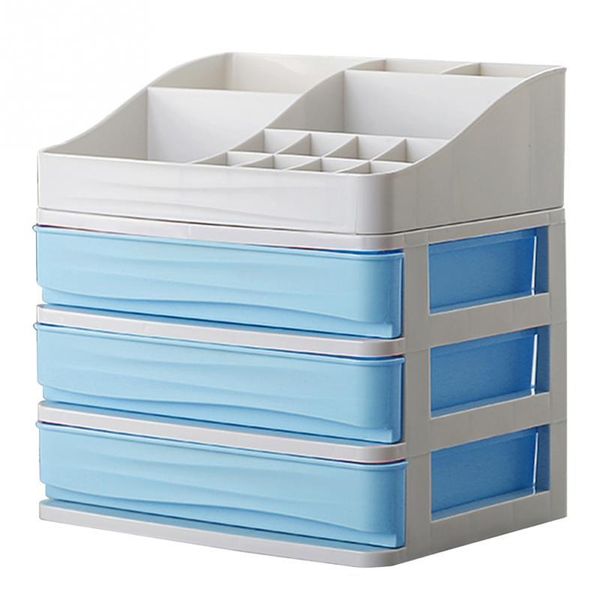 

bathroom storage & organization plastic cosmetic drawer makeup organizer box container desksundry case(3-layer+partition blue