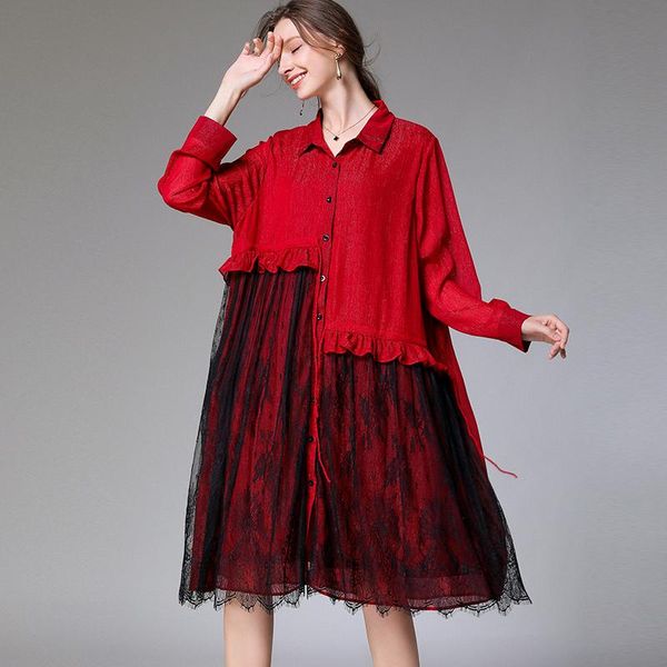 

casual dresses shirt dress woman 2021 lace patchwork plus size full sleeve lady beach work loose oversized 5xl female, Black;gray