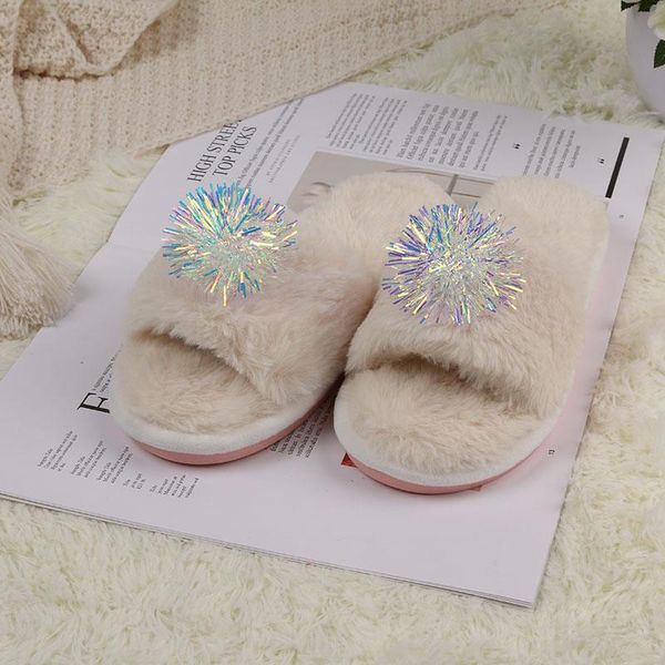 

slippers ginchasio women faux fur fluffy winter short plush bling flowers white color fuzzy cozy home furry, Black