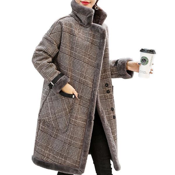 

women's wool & blends 2021 autumn and winter medium long imitation lamb fur one small plaid coat tweed female, Black