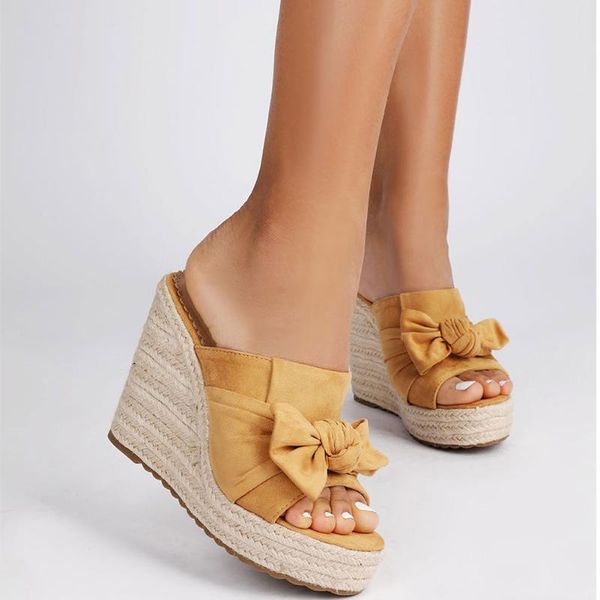 

sandals wedge heeled shoes woman open toe sweet butterfly knot slip on fashion summer espadrille platform party casual, Black