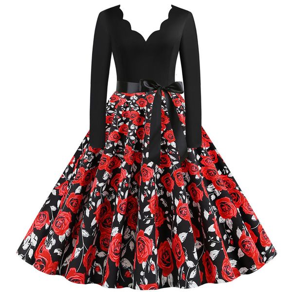 

2021 women summer dresses office clothing robe vintage 50s 60s pin up swing party rockabilly dress floral print vestidos#j30, Black;gray