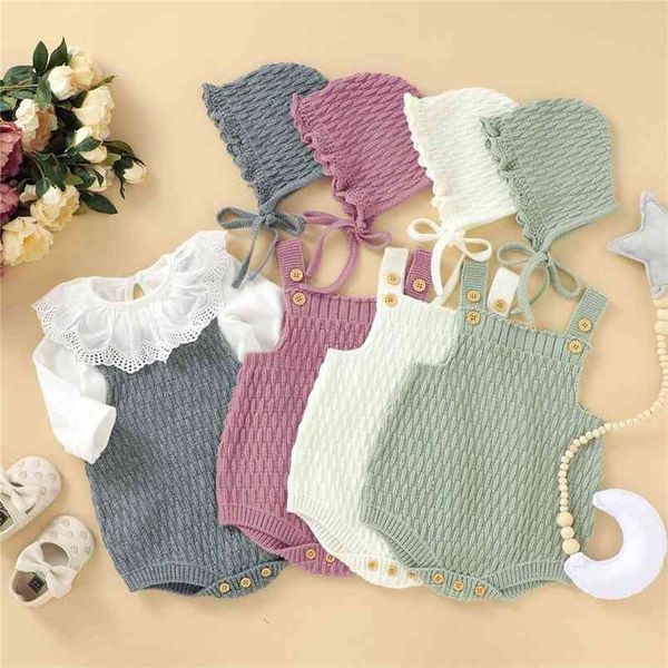 

emmababy born pure color knited sleeveles jumpsuit playsuit + hat cotton clothes 210816, Blue