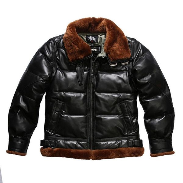 

men's leather & faux winter sheepskin down jacket shearling big fur lapel genuine stitching thick coat for male, Black