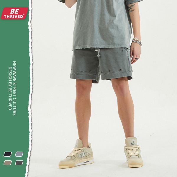

be men's wear | 2021 summer fog worn-out split high street fashion brand street hip-hop shorts men's wear, Black