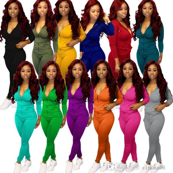 

women two piece tracksuits set fashion solid color hooded zipper with pocket cardigan pencli pants suit club party casual ladies clothing, Gray