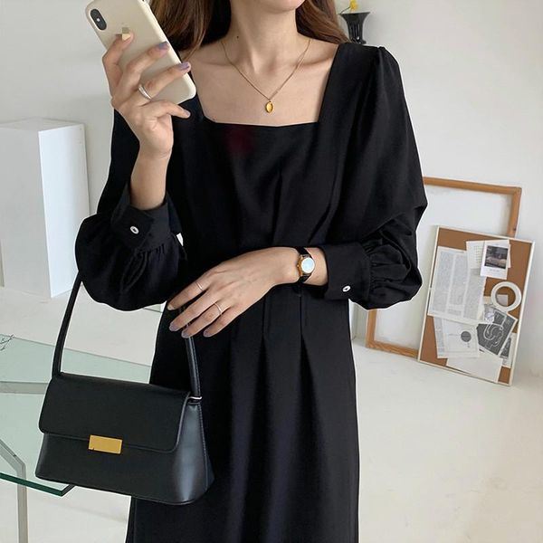 

casual dresses 2021 autumn retro slim waist woman dress solid color square pleated puff sleeve a-line elegant women clothes, Black;gray