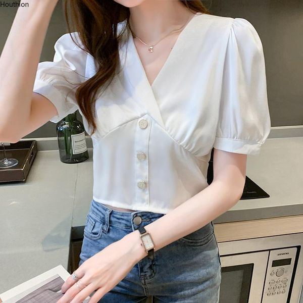 

women's blouses & shirts blouse short sleeve v-neck solid color fashion casual shirt summer korean splicing houthion, White
