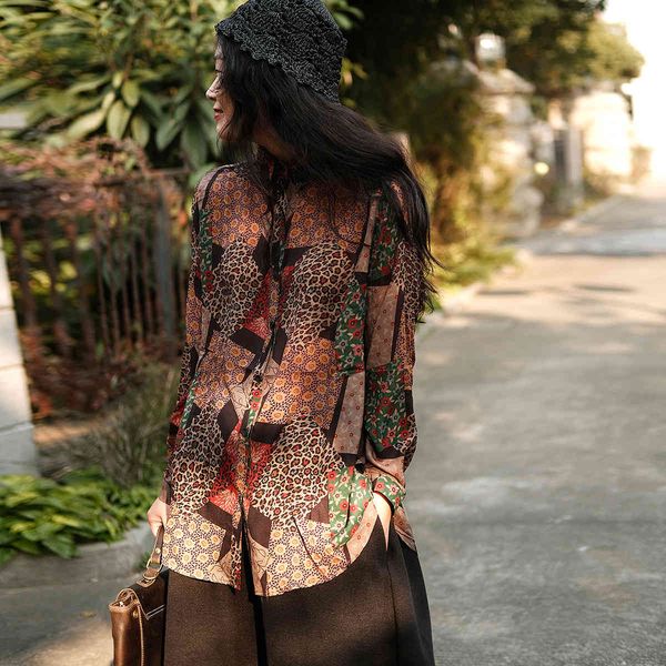 

johnature women vintage print floral shirts and spring button long sleeve turn-down collar chinese style blouses 210521, White