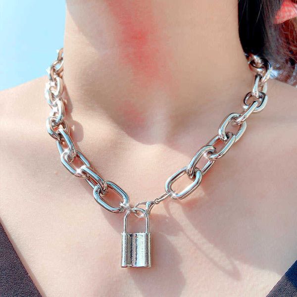 

designer necklace simple lock pendant for women silver color stainless steel hollow chain personality fashion jewelry