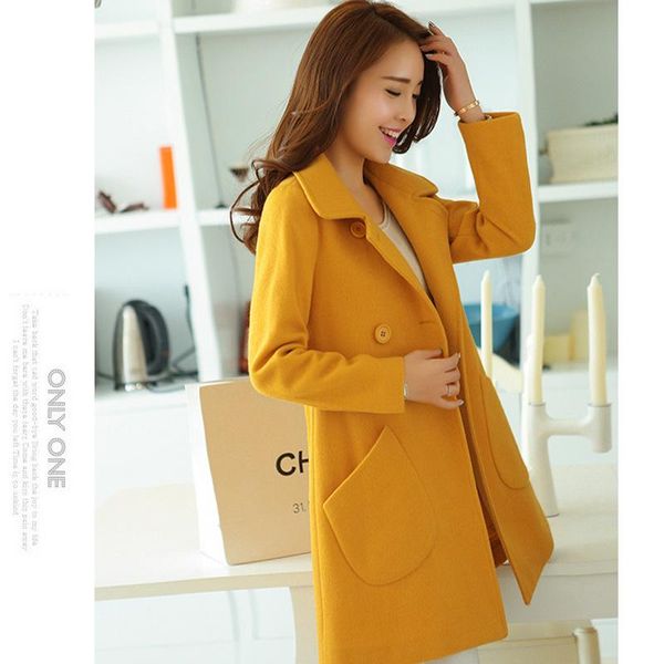 

women's wool & blends fashion office lady women long cashmer coat slim solid woolen jacket turn-down collar and, Black