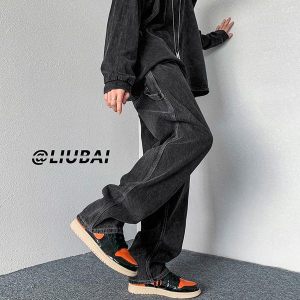 

men's jeans straight beggar loose trend retro casual high street wide-leg denim pants streetwear solid hiphop mopping trousers for men, Blue