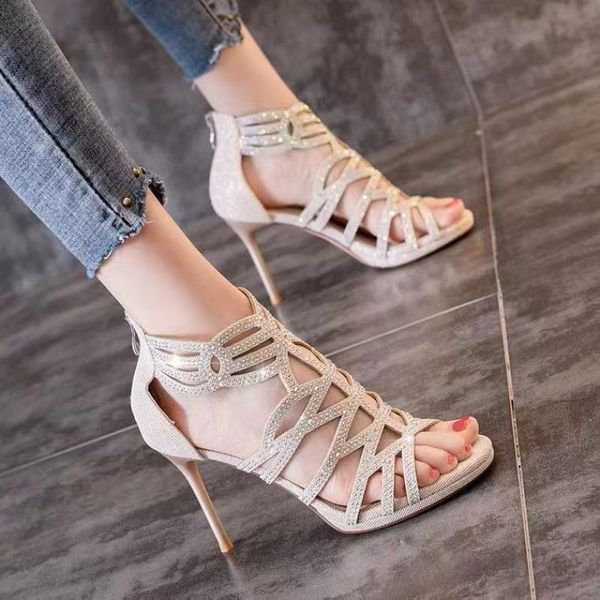 

sandals women classic pumps crystal strappy high heels galdiator zipper stilettos fashion party drop, Black