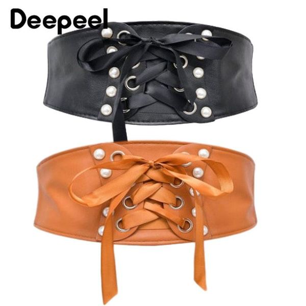 

belts deepeel 1pc 11.5*73cm women pearl decorative corset belt bowknot elastic wide cummerbunds female fashion clothing accessories, Black;brown