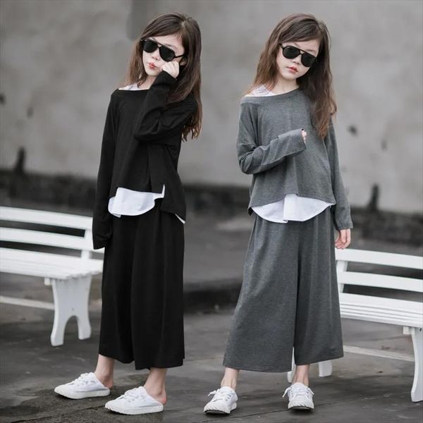 

clothing for girls spring and autumn childrens black large children wide leg pants 3 piece 8 9 10 12 years, White