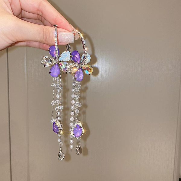 

hoop & huggie exaggerated long tassel pearl earrings for women bijoux oversize rhinestone crystal flower statement jewelry, Golden;silver