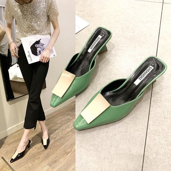 

summer fashion high heels pu solid mules shoes for women indoor outdoor office slippers ladies slides thin, Black
