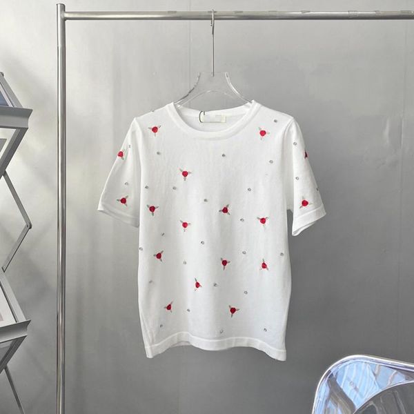

women's t-shirt summer female designs o-neck knitting ladies fashion diamods letter embroidery short sleeve tees, White