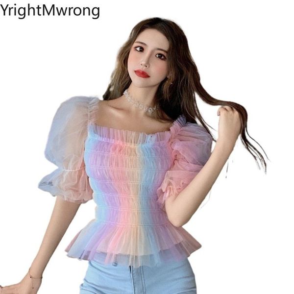 

puff short sleeve frill ruffle square rainbow contrast mesh stretch ruched blusas t-shirt t shirt women crop cute cloth women's, White