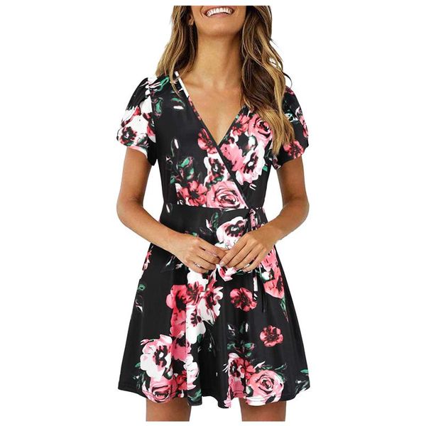 

casual dresses 2021 women summer dress fashion short sleeve v neck print ruffled pocket female boho beach a line sundress vestidos #10, Black;gray