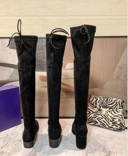 

women winter stretch suede matte over-the-knee boots genuine leather fashion brand classic designer nightclub girl non-slip elastic rope put, Black