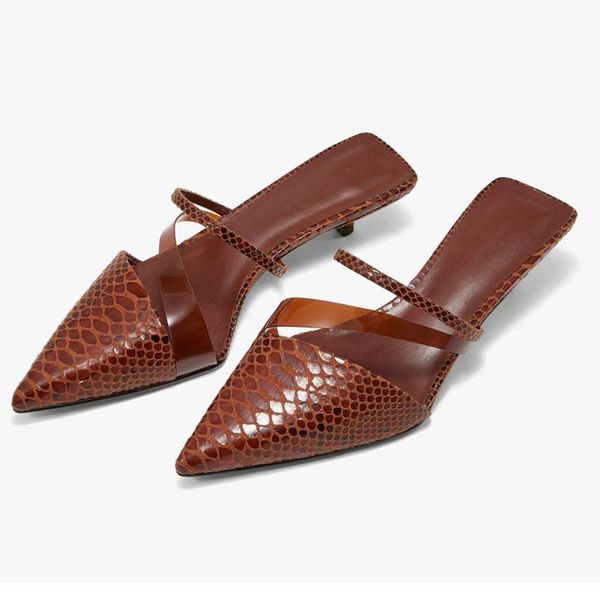

low heel fashion women brand slippers slip on pointed toe thin slides outdoor casual mules ladies dress shoes, Black