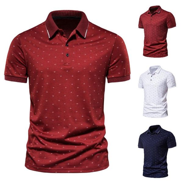 Polos Masculinas 2021 Moda Verão Casual Barco Estampa Âncora Lapela Forma Magra Negócios Camisa Manga Curta