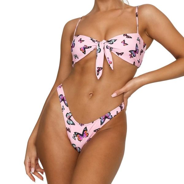 

women's swimwear split bikini ladies swimsuit butterfly print knotted set pink, White;black