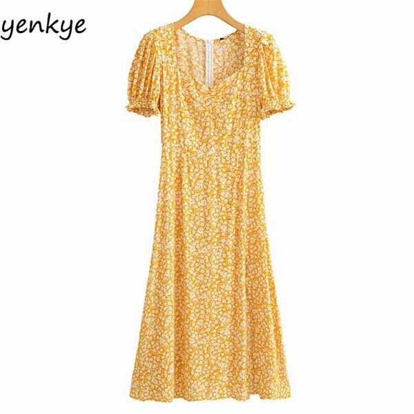 

yellow floral print dress women v neck short sleeve hem slits a-line slim long fashion lady summer vestido 210514, Black;gray