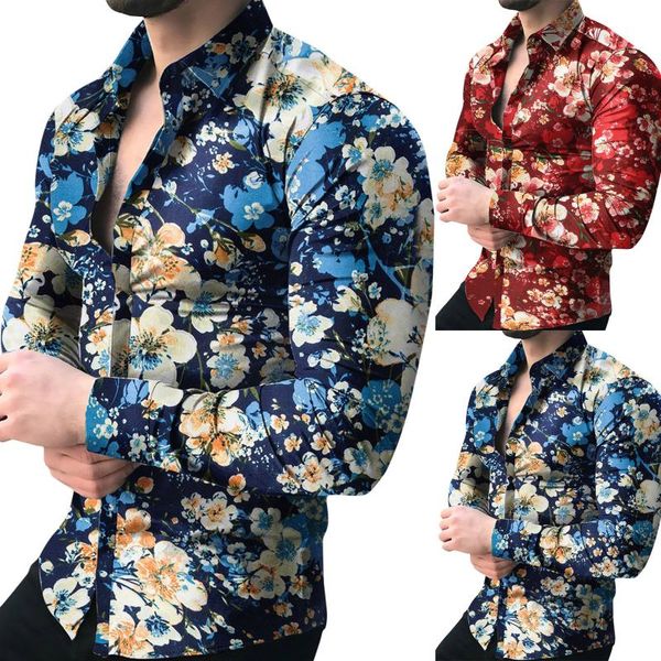

men's casual shirts 2021 shirt autumn magnolia print long sleeve button turn-down collar blouse, White;black
